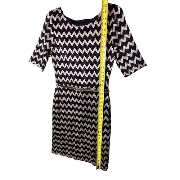 Connected Apparel Dress Womens 10 Black Gold Chevron Metallic Belted A-Line - Picture 9 of 13
